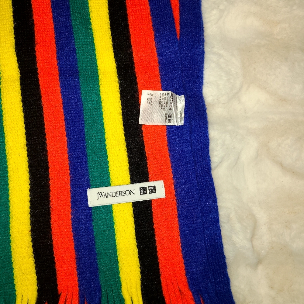 Uniqlo Red, Yellow, green, blue, and black, Striped Scarf with Fringed Ends - Picture 4 of 4